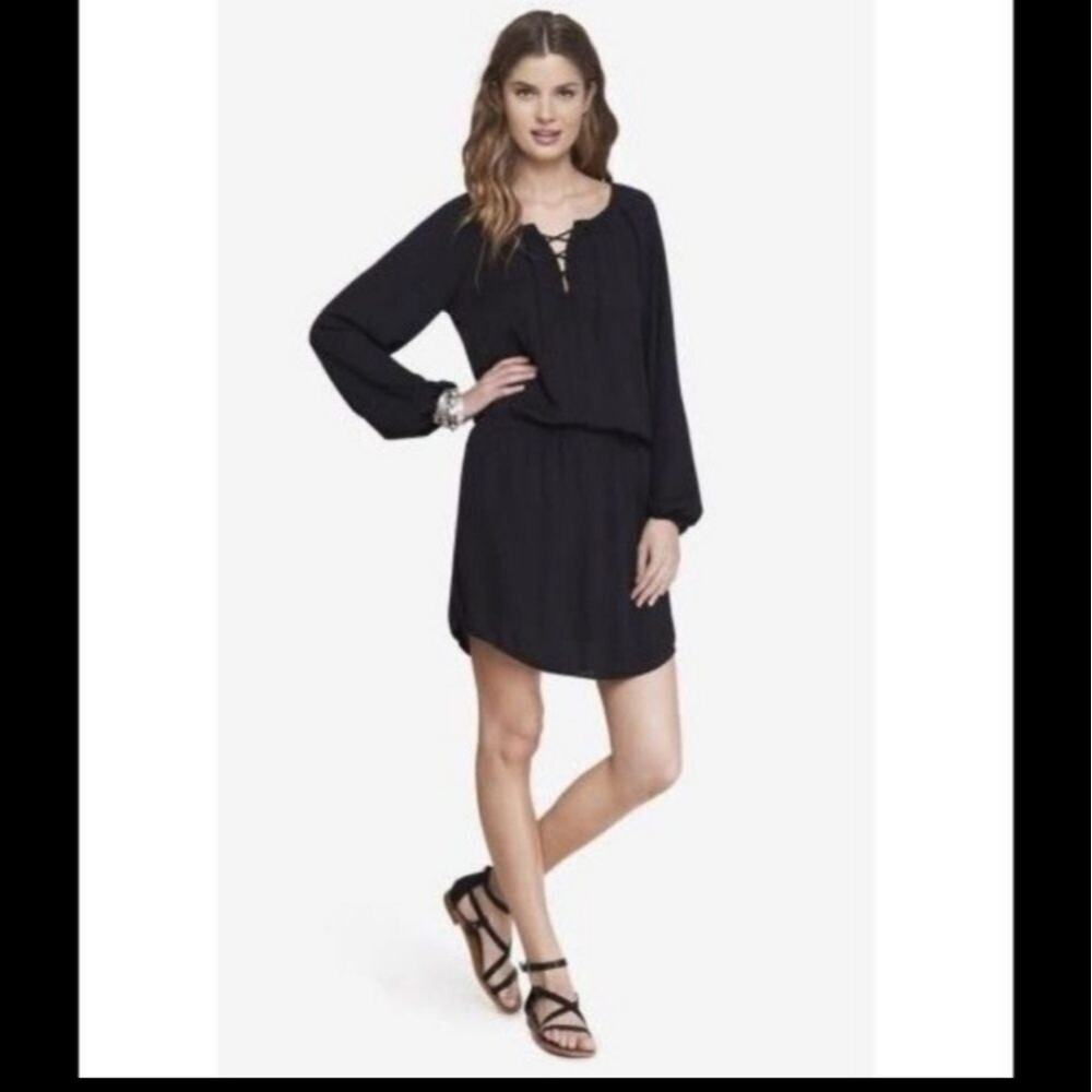 Express Womens Black Lace Up Boho Peasant Dress Long Sleeve Drop Waist Small NWT